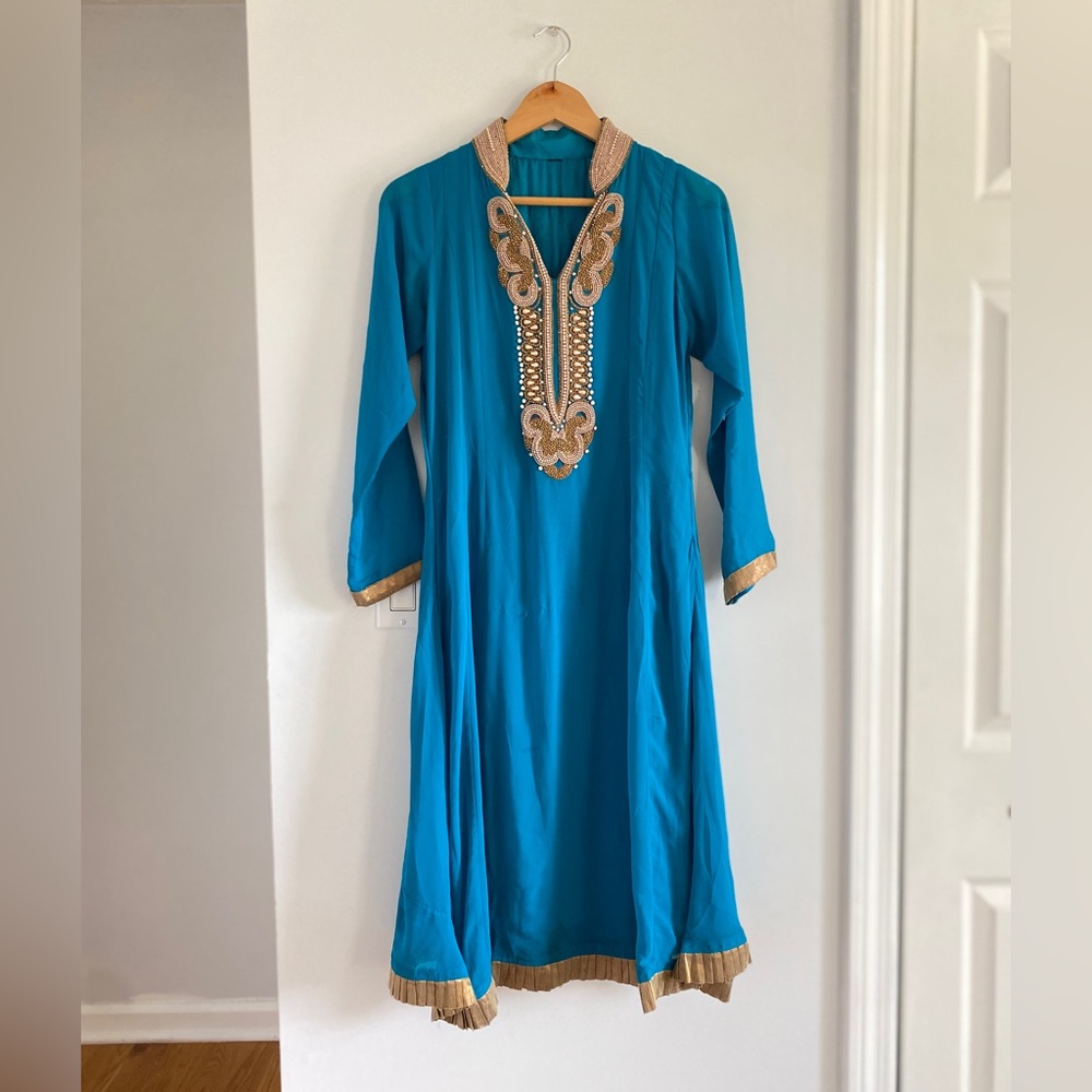 Turquoise Kurti Top with Gold Beading Collar